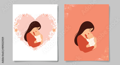 Tender illustration of a mother holding her sleeping baby in two versions with floral heart and plain background for parenting and family themes.