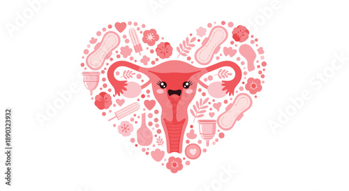 Heart shaped arrangement of female reproductive health items surrounding a cute uterus character for women wellness and medical education awareness.