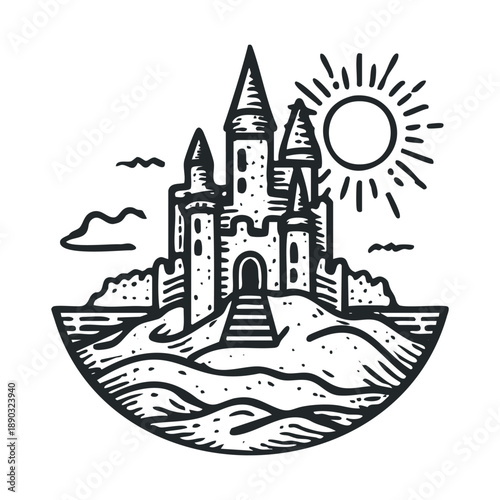 Majestic sandcastle stands proudly on a sandy mound under a shining sun, depicted in a classic hand-drawn, black and white illustration style, evoking summer and childhood memories.