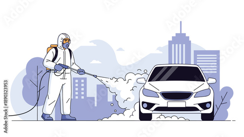 Specialist wearing a white protective hazmat suit and mask spraying a white car with disinfectant liquid in an urban city environment scene.