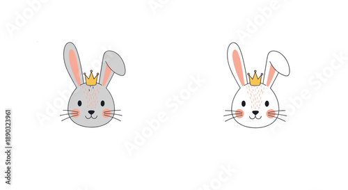 Two cute gray bunny heads wearing gold crowns in different styles on a clean white background for children nursery and animal themed design projects.