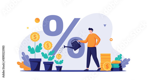 Financial growth concept with a man watering money flowers next to a large percentage sign and gold coins representing strategic profit and success.