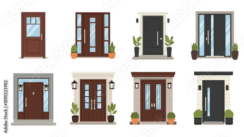 Collection of various modern and traditional front door designs in different colors and materials including plants and lamps for home exteriors.