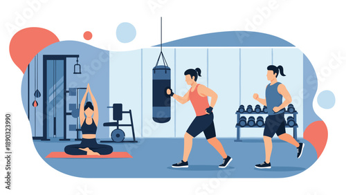Diverse group of people engaging in various fitness activities at a gym including yoga, boxing with a heavy bag, and running on a treadmill.