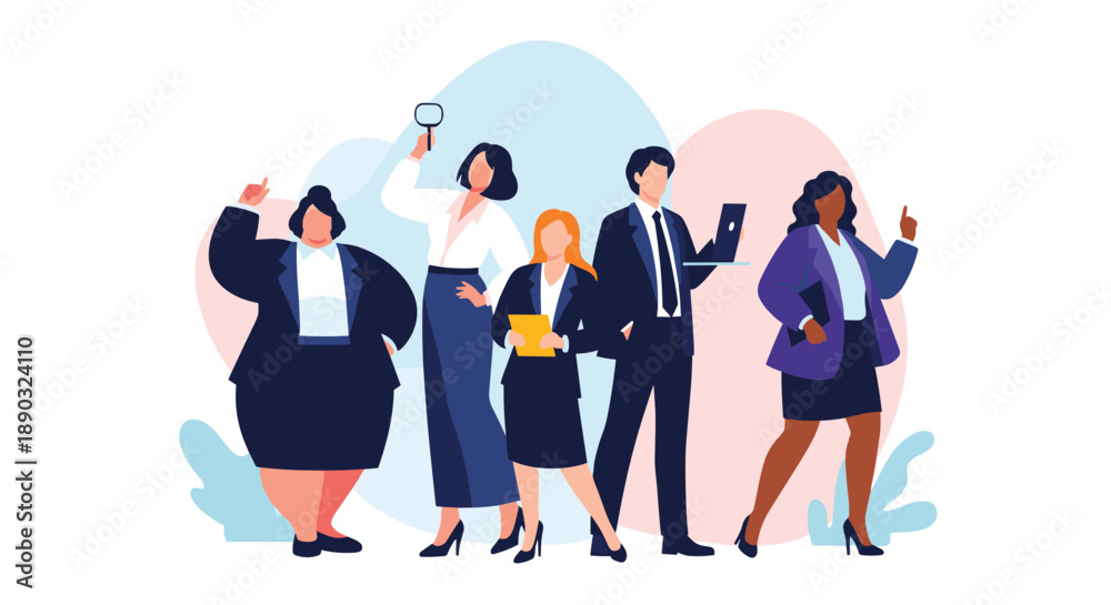 Fototapeta premium Diverse team of professional men and women in business attire standing together representing inclusion and leadership.