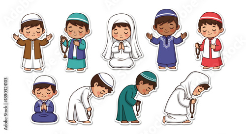 Cute cartoon Muslim children praying in various poses, depicting Islamic prayer rituals and devotion.