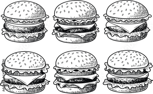 Set of cheeseburger and hamburger icons, black and white engraved woodcut style fast food