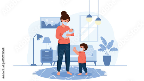 Mother wearing a protective face mask and holding her newborn baby in a living room while her young son stands nearby also wearing a mask.