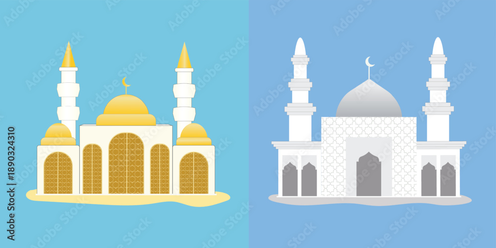 Fototapeta premium Two vector illustrations of mosques with a minimalist and glamorous concept. Used as design ornaments for posters for Ramadan, Eid al-Fitr, and Eid al-Adha.
