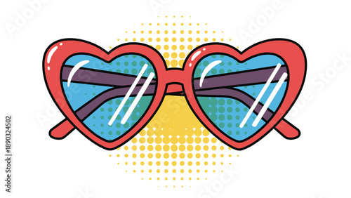 Stylish red heart shaped sunglasses placed on a vibrant yellow halftone pattern background, perfect for summer fashion and romantic themes.