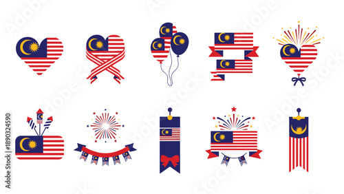 Variety of Malaysian national flag themed decorative elements including hearts, balloons, ribbons and bunting for independence day celebrations.