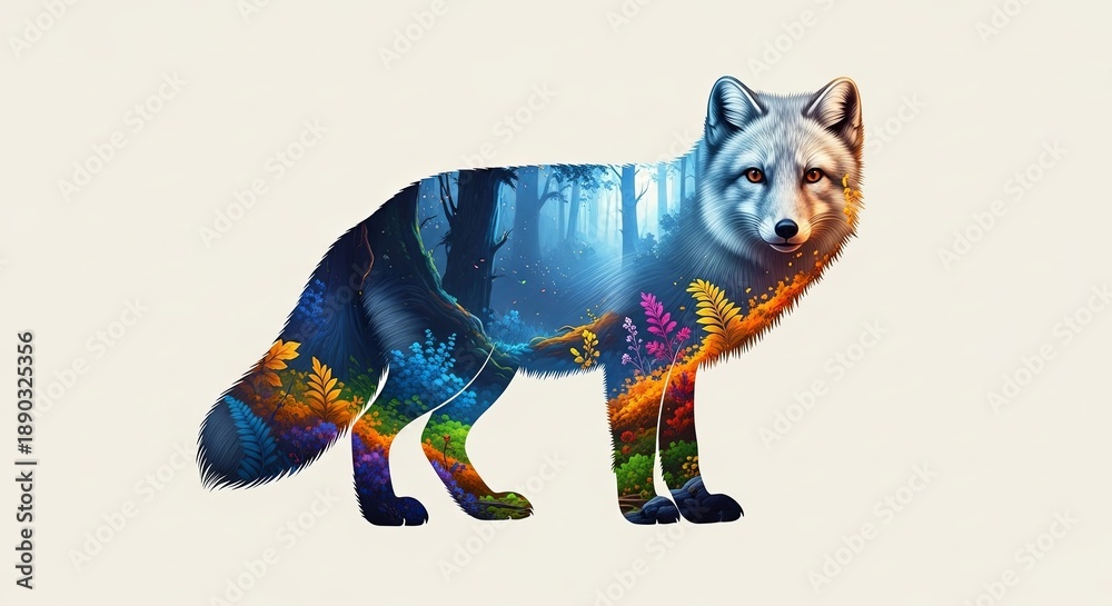 Obraz premium Fox silhouette filled with vibrant forest scene. Wildlife preservation and nature conservation project concept. Earth day event.