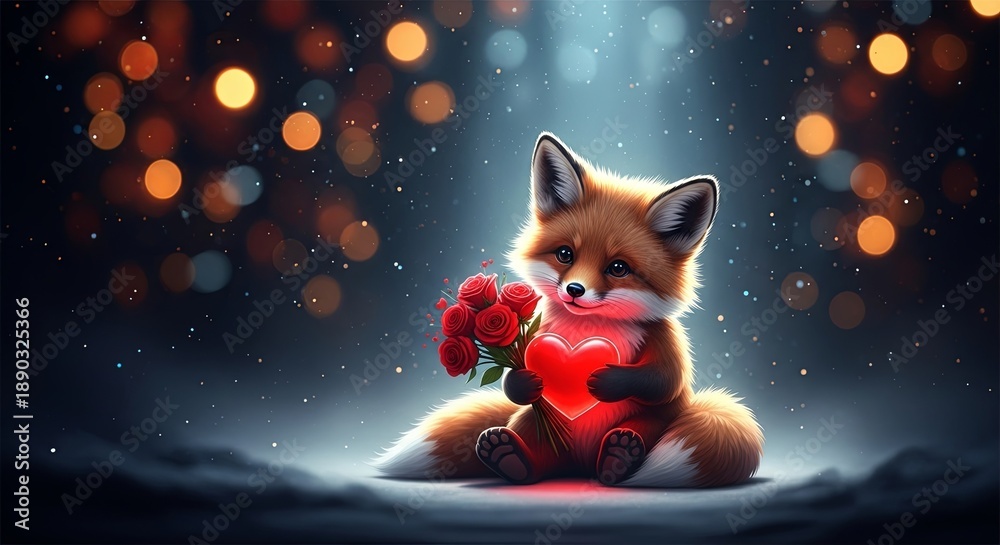 Obraz premium Cute fox character holding red heart and roses. Adorable animal illustration with bokeh for Valentines Day greeting card.