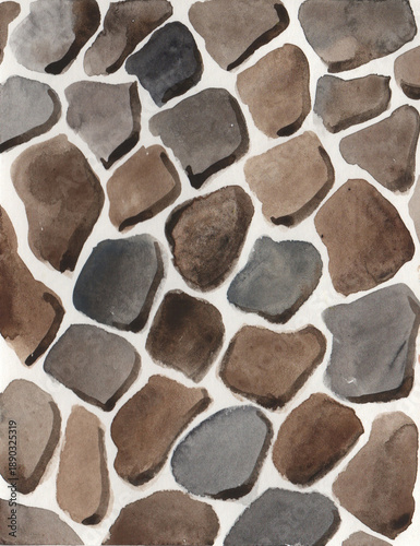 Watercolor architectural background with stone texture. Brown and grey stones material.