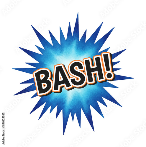 Comic style word BASH in a vibrant blue watercolor splash explosion on white background expressing impact