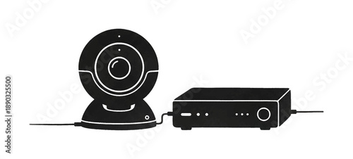 Black and white vector illustration of a webcam connected to a rectangular electronic device on a plain background