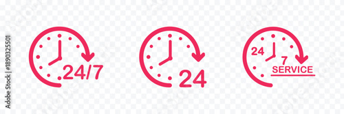 24 hours clock icons set with circular arrows and time symbols for continuous service and round the clock concept vector illustration. Time twenty four icon filled flat sign for mobile concept and web