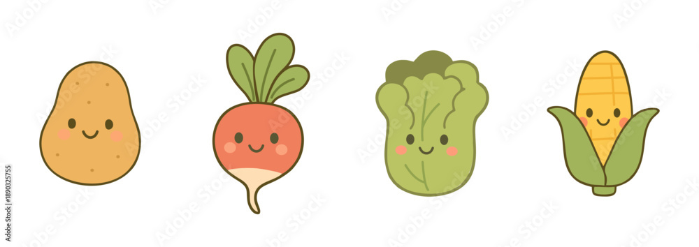 Fototapeta premium Cute Vegetable Cartoon Characters Set in Flat Style