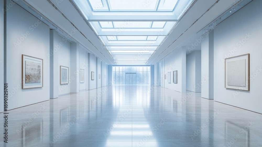 Obraz premium Modern art gallery interior with white walls, reflective floor, and natural light from ceiling skylights.