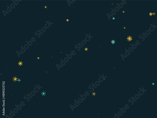 Starry night sky with glowing stars and constellations in vibrant yellow, teal, and white on a deep teal background