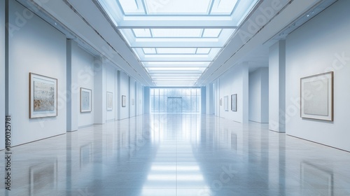 Wallpaper Mural Modern art gallery interior with white walls, reflective floor, and natural light from ceiling skylights. Torontodigital.ca