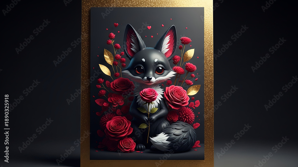 Fototapeta premium Cute cartoon fox holding a red rose surrounded by floral decorations. Lovely animal illustration perfect for Valentines Day greeting card.