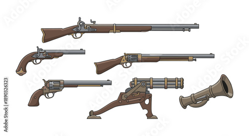 Steampunk weapons set including vintage firearms and blunderbuss