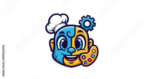 A cartoon character with a chef hat and a gear on a with a blue and yellow face