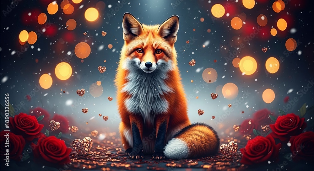 Fototapeta premium Cute fox in a Valentine's Day scene with red roses and falling hearts. Romantic animal art for loving holiday cards.