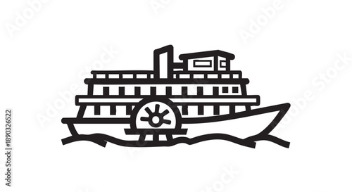 Illustration of a vintage paddlewheel riverboat sailing on calm waters from a side view