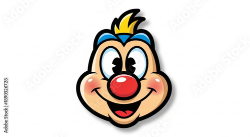 A cheerful cartoon clown face with a red nose and colorful hair