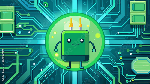 A green electronic printed circuit board featuring a digital computer processor chip and hardware components for advanced computing technology in the IT industry