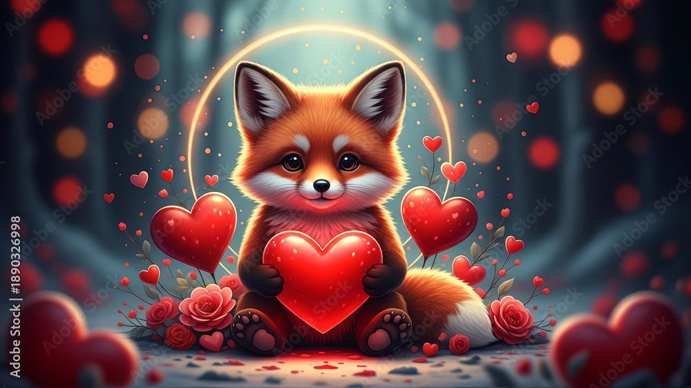 Fototapeta premium Cute baby fox holding a red heart. Gentle valentine decor. Whimsical illustration for Valentines day card. Sweet animal concept.