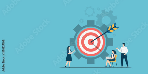 A professional business team collaborates near a large target and gears to achieve goals, representing efficiency and teamwork in a flat design.