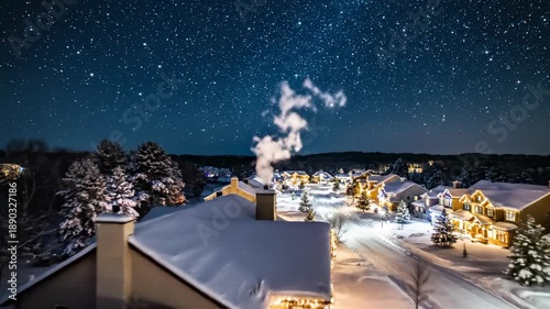 Sweeping aerial view over a snow-covered quiet neighborhood with only one chimney puffing smoke under a starry deep blue Christmas night sky eve, white christmas, landscape