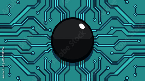 A seamless digital pattern of a printed electronic circuit board illustrates a high-tech computer motherboard design featuring microchip processors and hardware engineering systems for communication