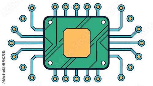 A colorful vector illustration set featuring a printed circuit board with a processor alongside a cartoon bus, train, and truck for a school transport business design