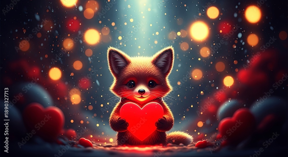 Obraz premium Cute baby fox holding a red heart with bokeh lights. Adorable animal illustration for Valentines Day greeting card design.