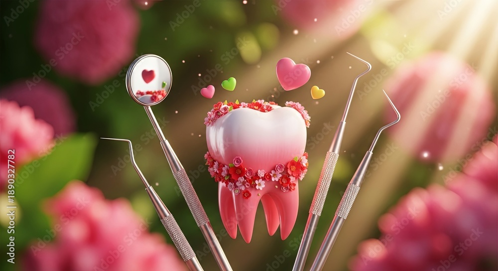 Naklejka premium Tooth with flowers and dental instruments. Healthy teeth concept and dental hygiene for Valentines day. Beautiful smile.
