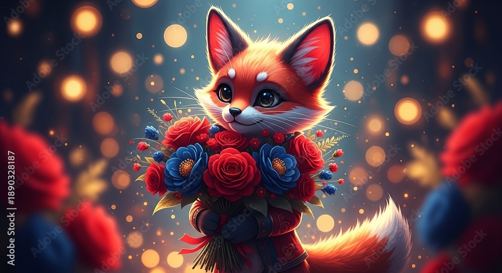 Fototapeta premium Adorable cartoon fox holding a beautiful bouquet of red and blue flowers. Cute animal character for Valentines Day and greeting card design.