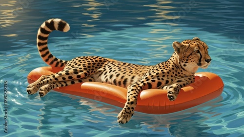 cheetah lying on orange inflatable raft in blue water on sunny day