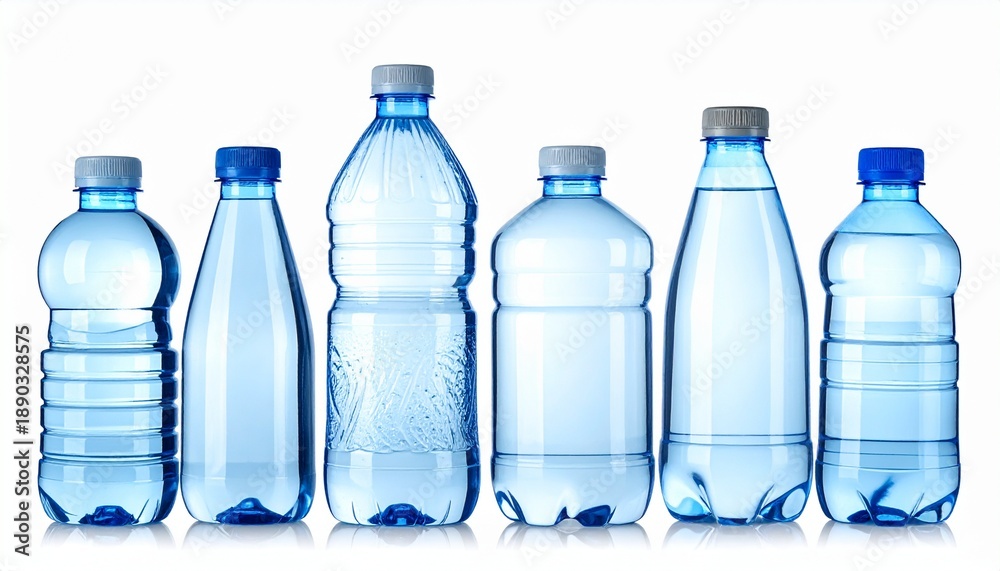 Naklejka premium Collection of various plastic bottles with different shapes and sizes on a plain surface from a frontal viewpoint