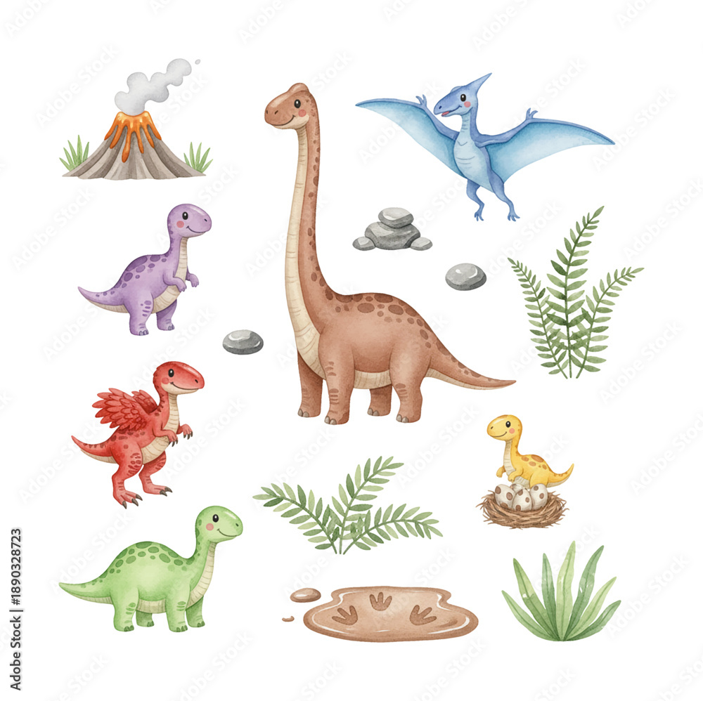 Fototapeta premium Cute friendly dinosaurs prehistoric landscape with volcano pterodactyl and baby dinosaurs in watercolor illustration
