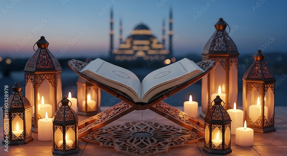 Obraz premium Ramadan night with quran and lanterns in front of a mosque