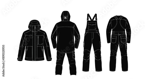 Technical outerwear fashion illustration jacket overalls and ski suit design