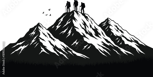 Silhouette hikers on mountain summit with flying birds representing teamwork achievement adventure freedom exploration and outdoor success concept