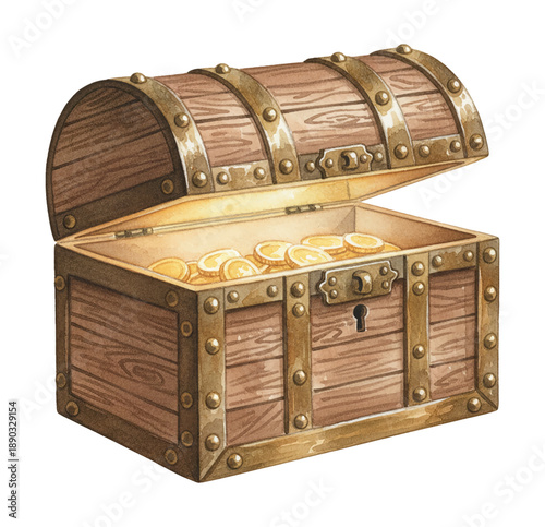 Open wooden treasure chest filled with shining gold coins a symbol of wealth and adventure