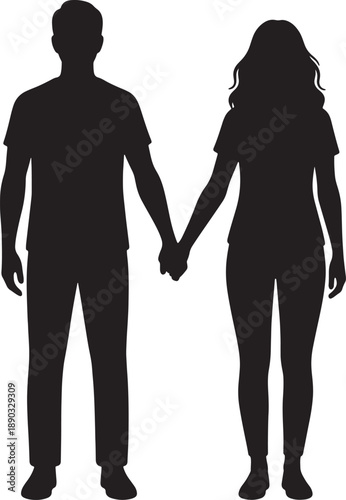 A silhouette of a couple, a man and woman, standing together and holding hands
