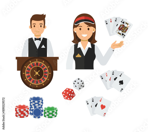 Casino croupiers presenting gambling games and playing items