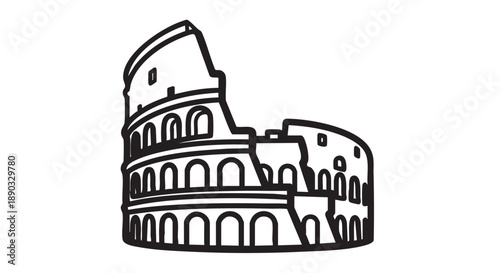 Illustration of the Colosseum, an ancient Roman amphitheater, viewed from the side with arches and tiered seating